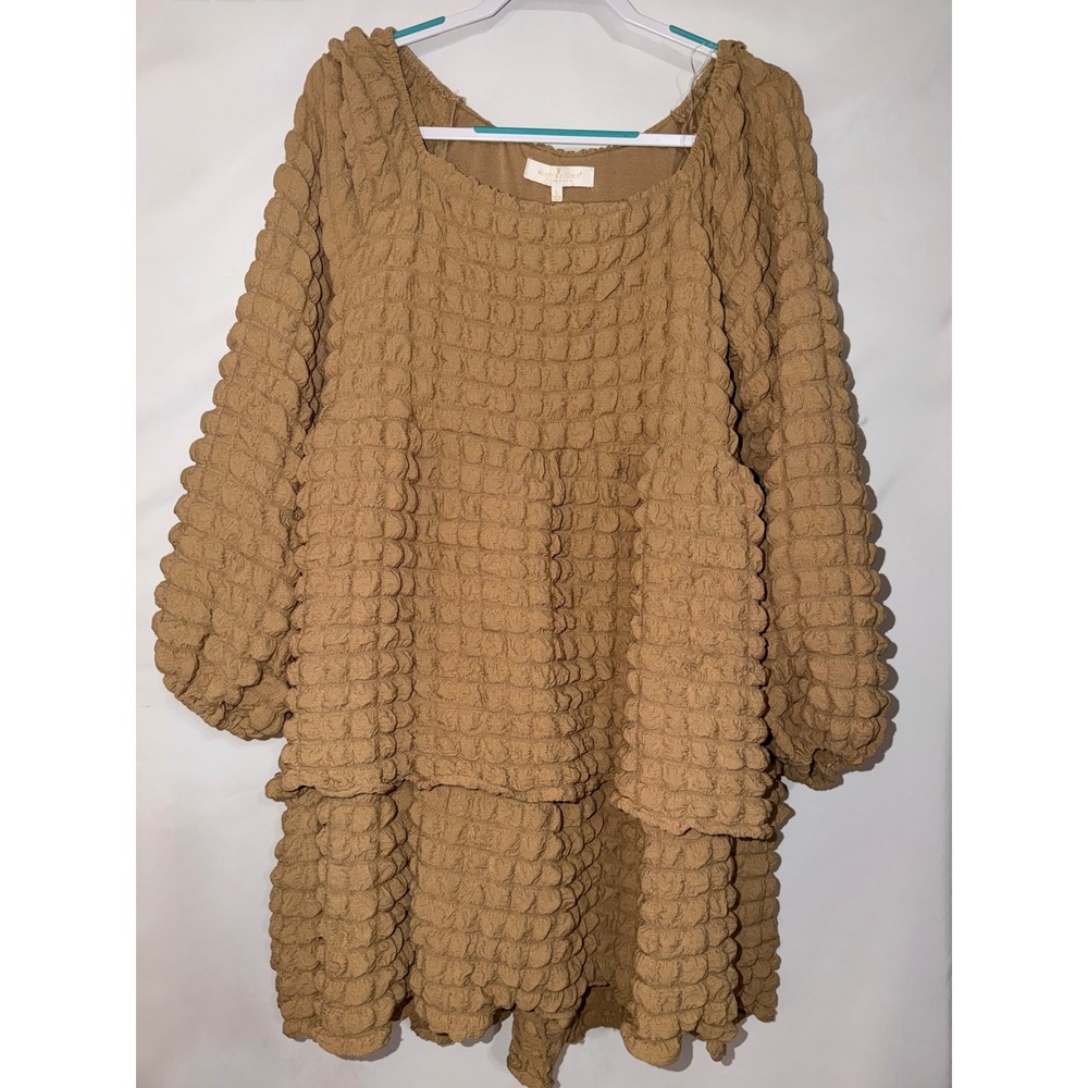 Simply Southern Bubble Knit Tiered Dress Tan Popcorn Texture Long Sleeve Large - Picture 2 of 13